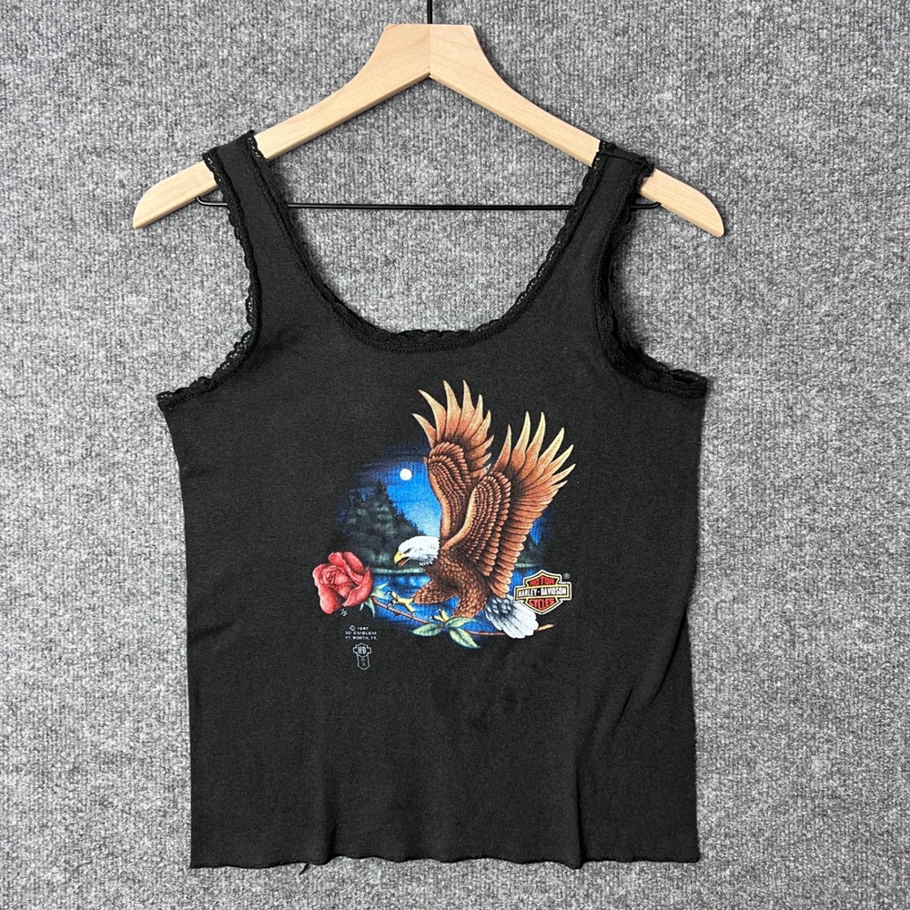 Vintage‎ Harley Davidson 1987 Eagle Rose Lace Trim Tank Top Biker Large